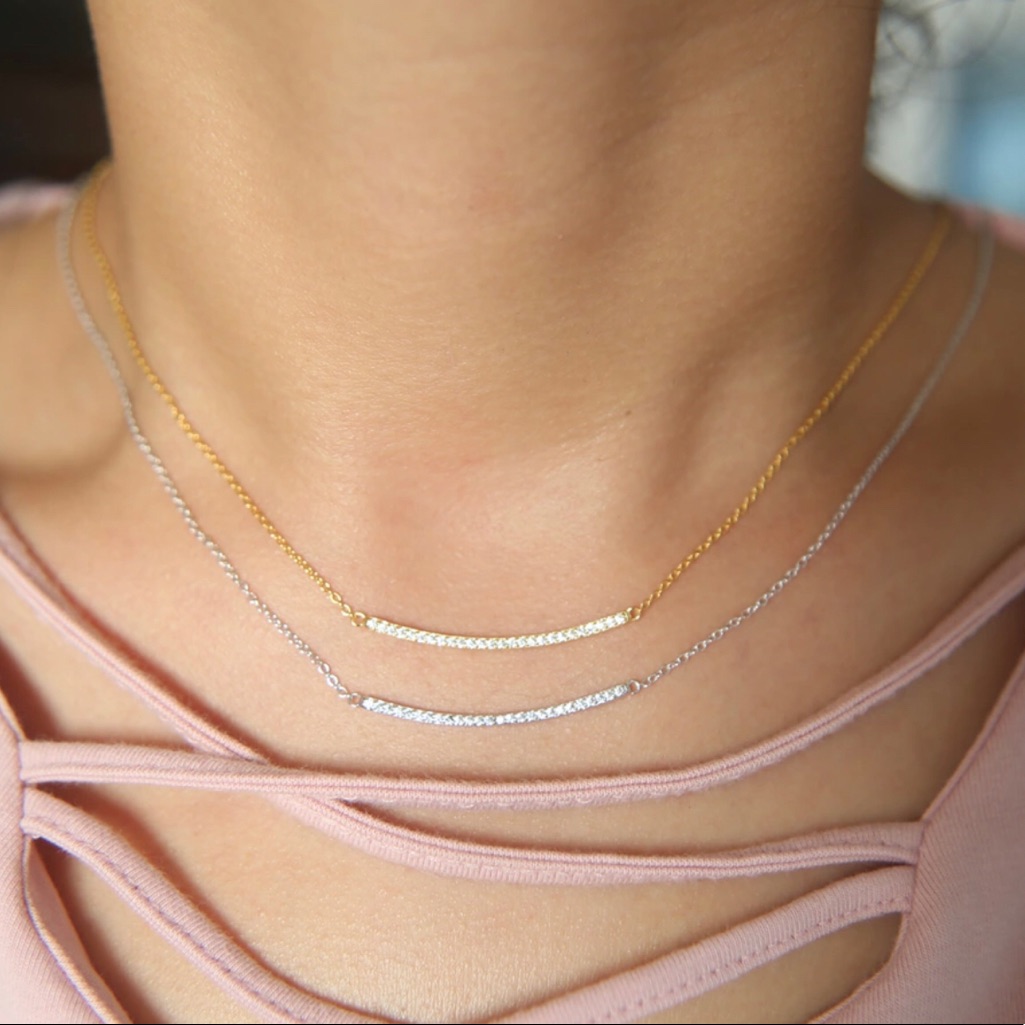 925 Sterling Silver Iced Out Sideway Bar Necklace